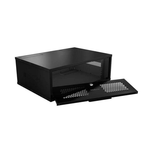 Mini rack Intelbras 03U 370mm montado preto com porta frontal removível e venezianas laterais para ventilação - Foto 4